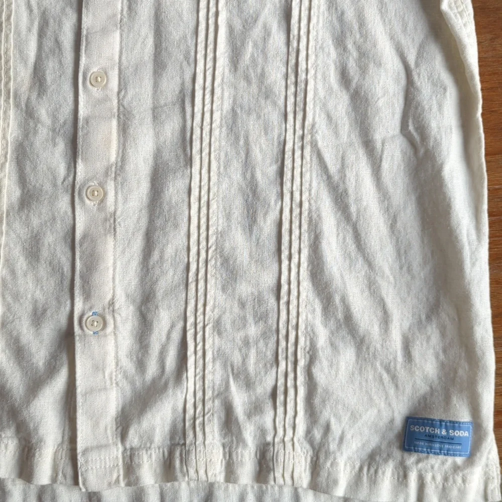 Scotch & Soda Men's Textured Linen Blend Cream Short Sleeve Button Down Shirt, L - Picture 6 of 10